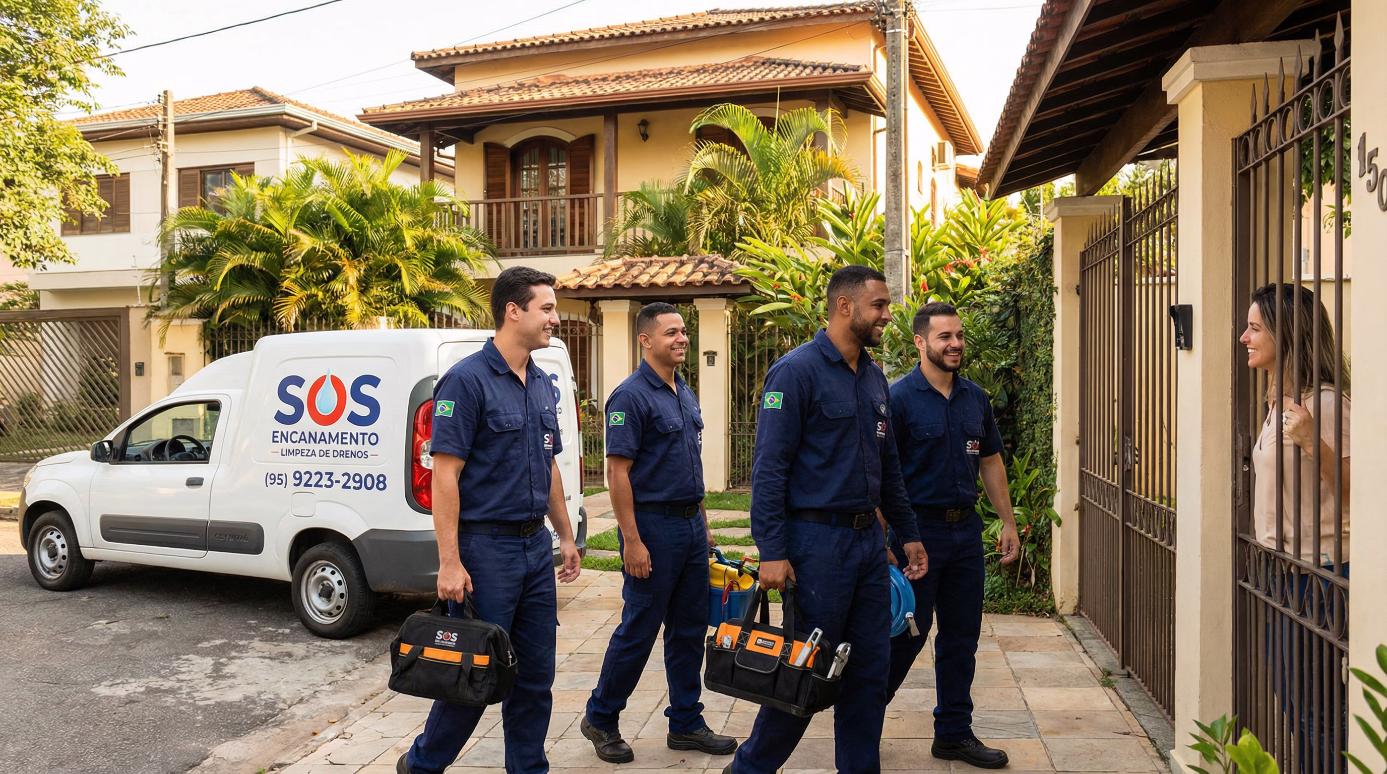 Equipe da Desentupidora América realizando desentupimento em Campinas